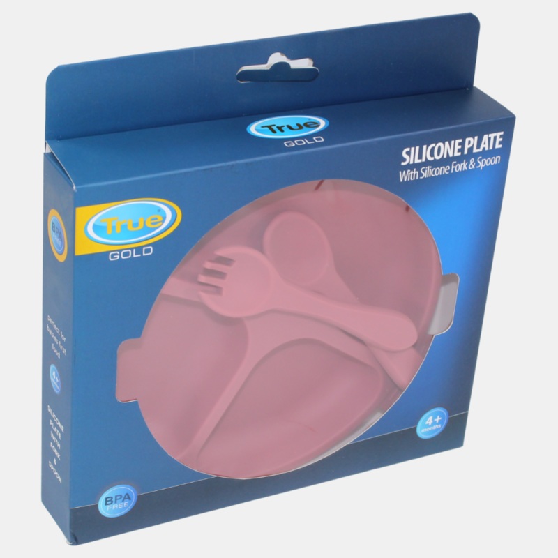 True Gold Silicone Feeding Set  Plate, Fork & Spoon  Pink