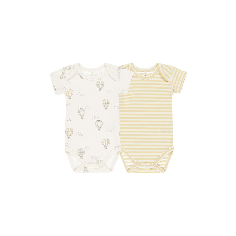 Quincy Mae Short Sleeve Bodysuit 2 Pack – Hot Air Balloons, Yellow Stripe