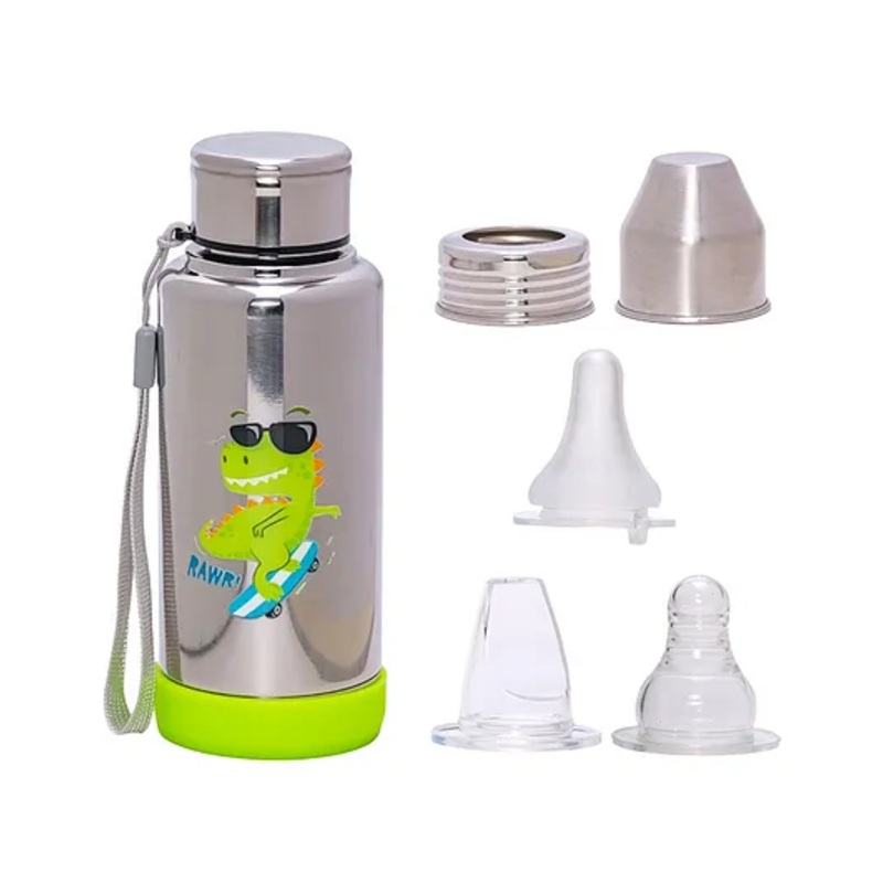 Adore Super Flow 3 Stage Multipurpose Double Wall Printed Insulated Thermos Baby Feeding Bottle Set with Silicon Base -300ml- Rawrr Jet Green Dino