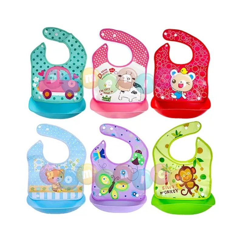 FANTASY INDIA Bib Apron for Feeding with Detachable Food Catcher Waterproof Pack of 6 (Assorted Colors & Prints)